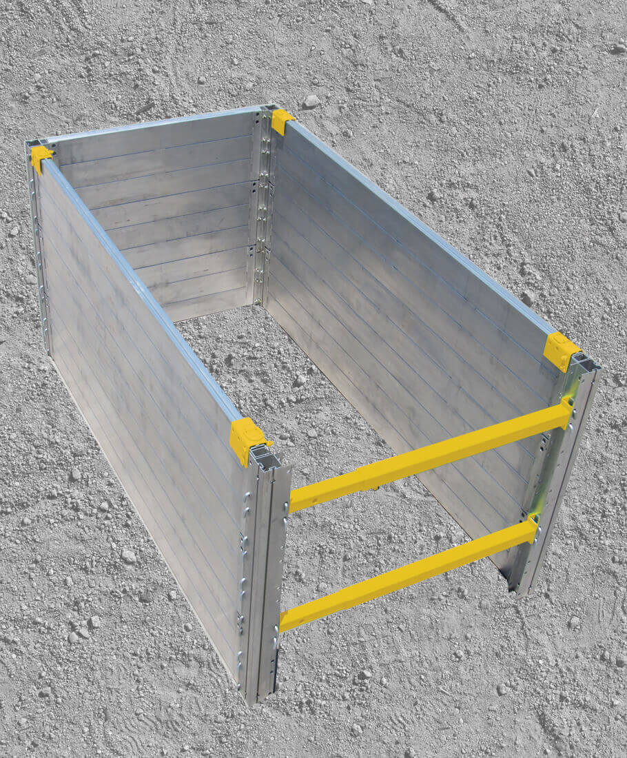 4-sided aluminum trench shoring build-a-box with gravel background