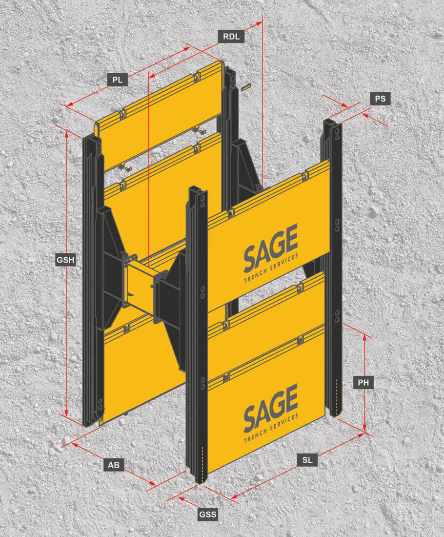 double slide rail shoring diagram with gravel background